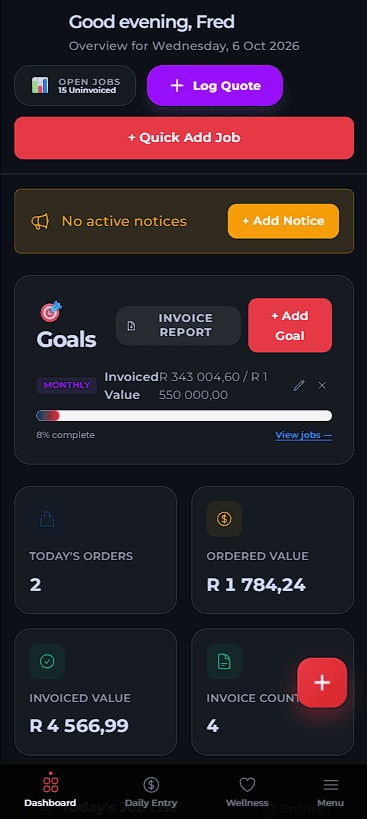 Custom Daily Ops Portal mobile operations dashboard screenshot.