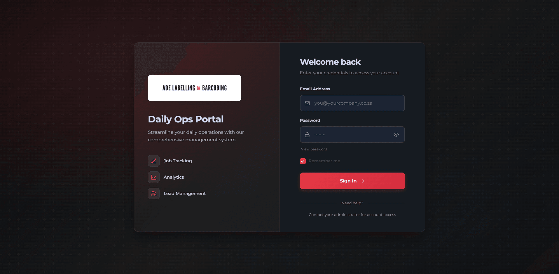 Custom Daily Ops Portal login screen screenshot.