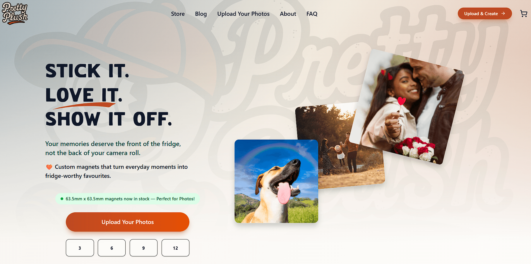 Pretty Plush Custom Magnet Store desktop landing page screenshot.