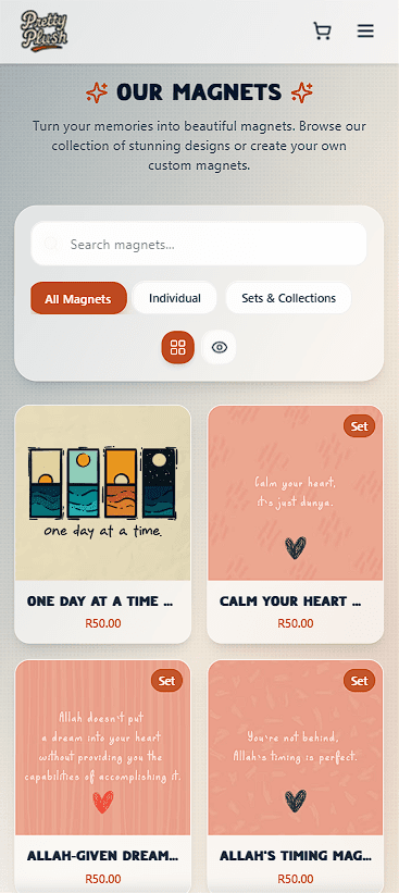 Pretty Plush Custom Magnet Store mobile catalogue screenshot.