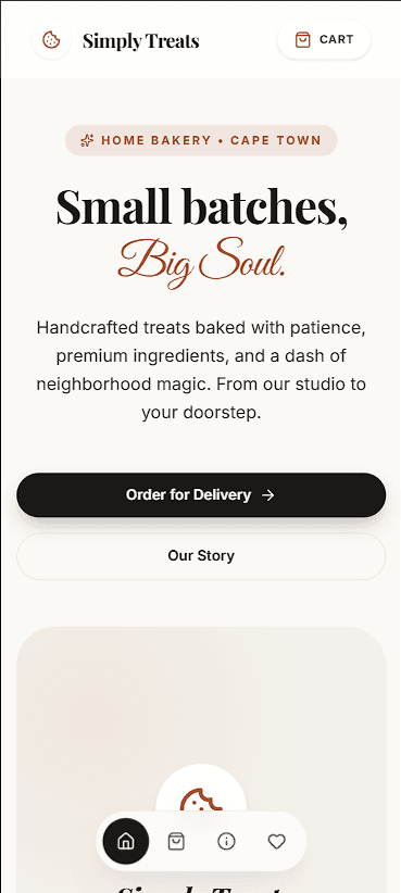 Simply Treats Ordering Experience mobile landing page screenshot.