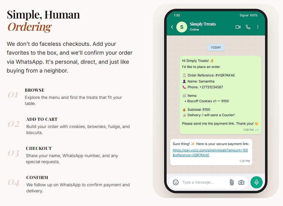 Simply Treats Ordering Experience whatsapp ordering explanation screenshot.