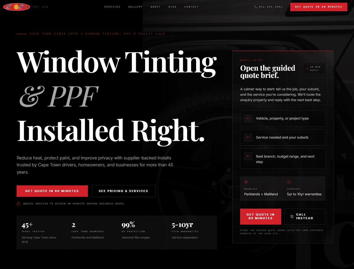 Solar Screen Guided Quote Website desktop landing page screenshot.