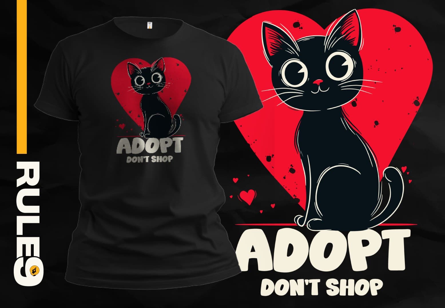 Adopt don't shop t-shirt design with black cat illustration and Rule9 branding.