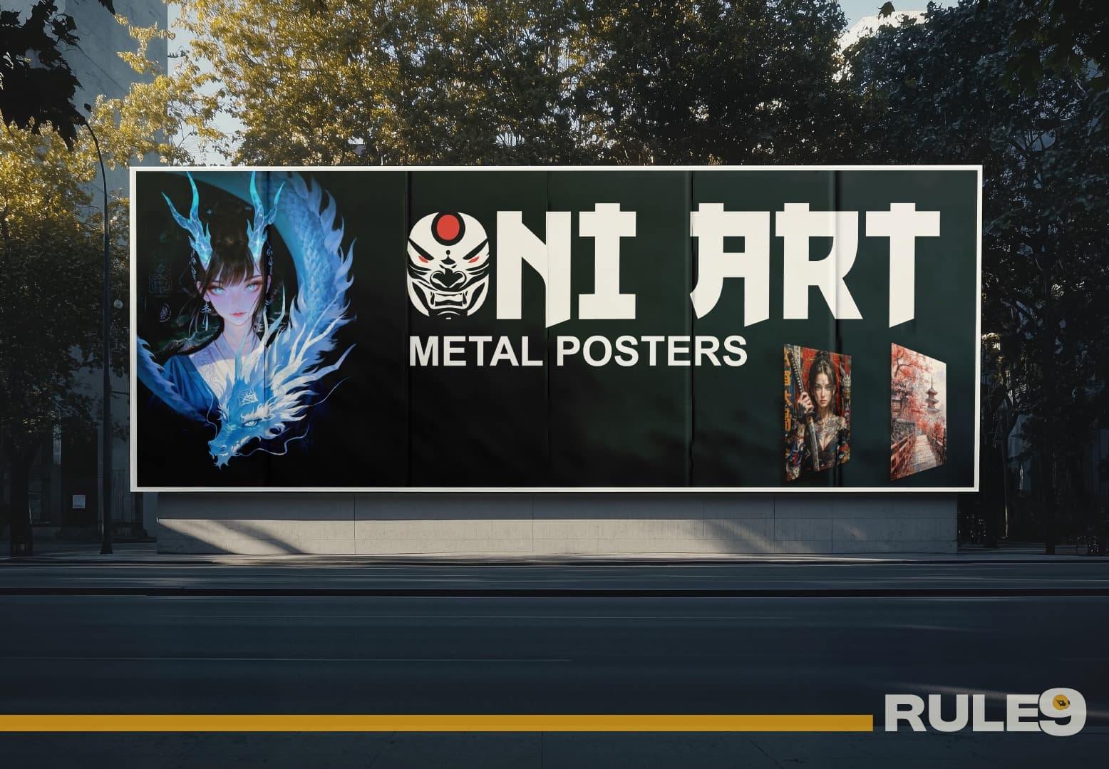 Oni Art logo design presentation with Rule9 visual styling.